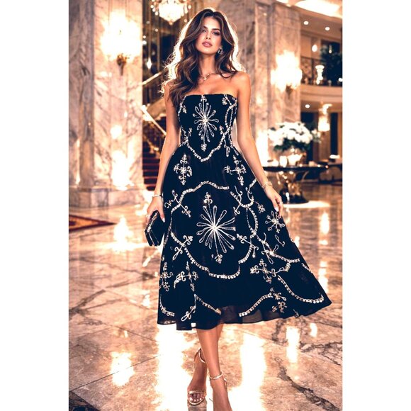 Classy City Chicks Dresses & Skirts - Black Strapless Smocked Embroidered Sequin Midi Dress Gold Scroll Starburst Boho